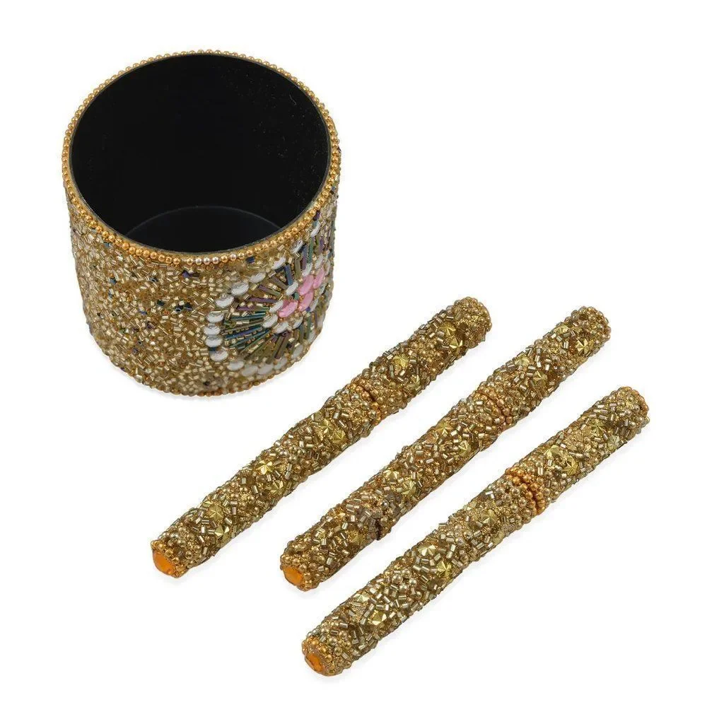 Golden Floral Pattern Beaded Pens with Holder